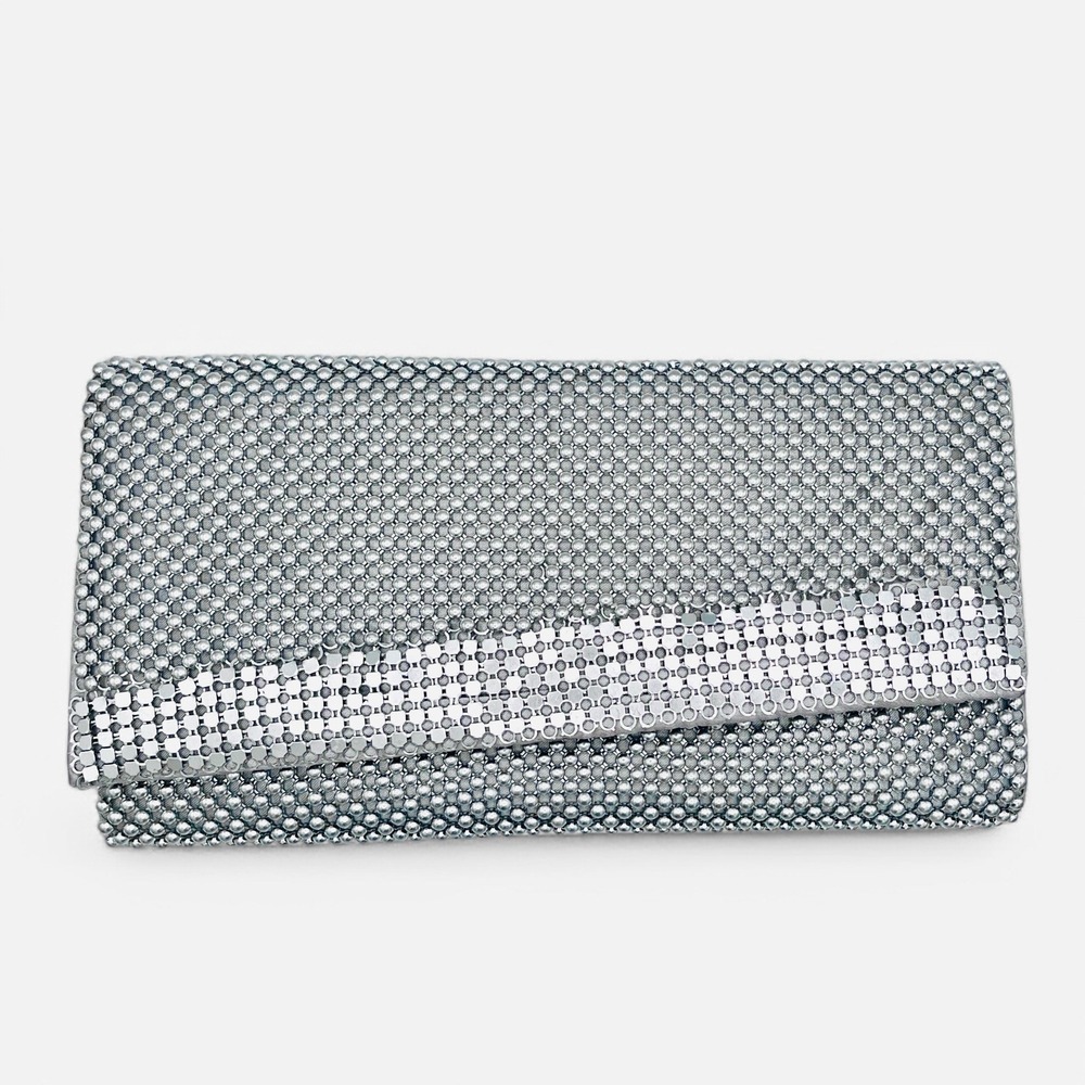 Vintage Clutch Evening Bag Silver Metal Mesh Purse Aluminum Chain Mail Flap